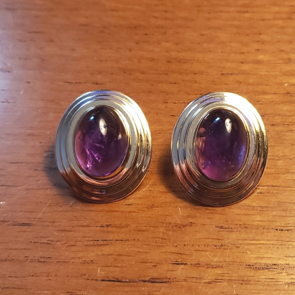 14K Yellow Gold Amethyst Cabochon Earrings - Picture 2 of 8